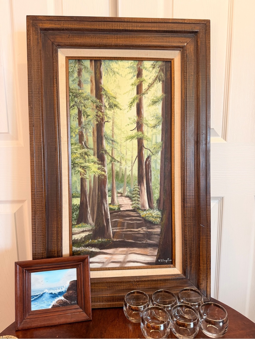 Framed Redwood Vintage Forest Path Oil Painting in Brown Frame - Picture 2 of 5